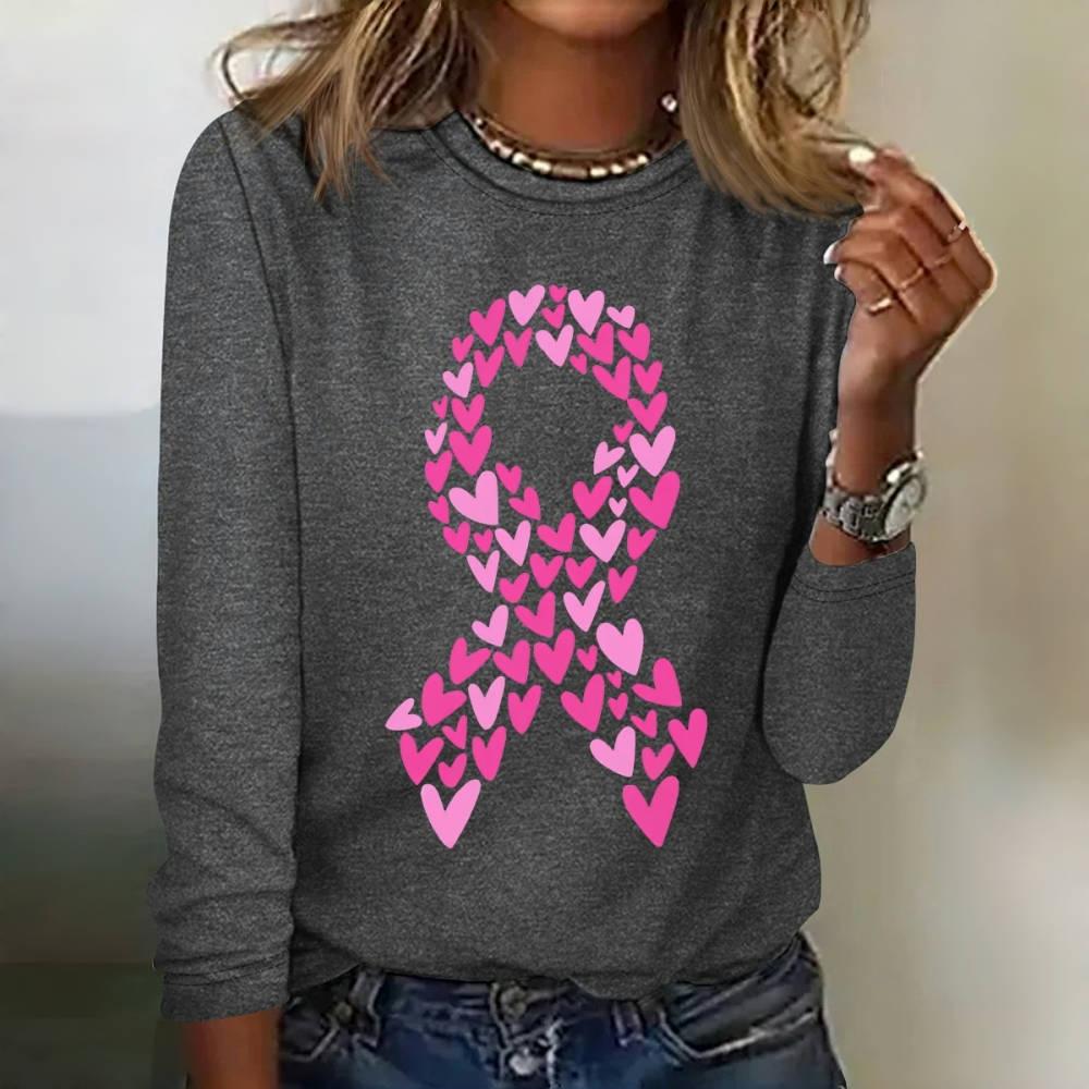 

Дизайнерские женские футболки с принтом розовой ленты и мотивом сердца, модные осенние хлопковые футболки с длинным рукавом, повседневная футболка с круглым вырезом, женская одежда 8XL