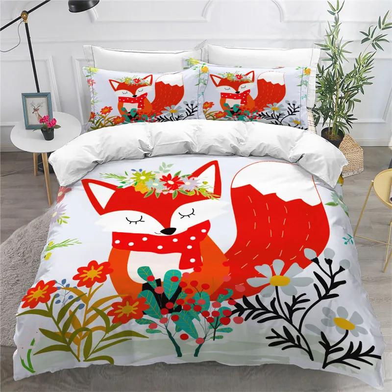 Kids Cartoon Fox Duvet Cover Microfiber Bedding Set Lovely Animal Theme Comforter Cover King For Kids Adults Girls Bedroom Decor