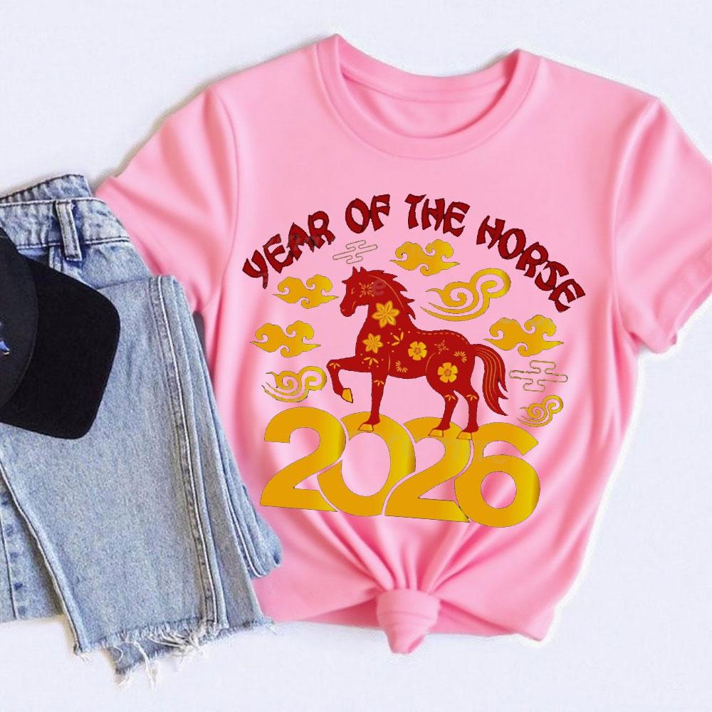 Women's Year of the Horse 2026 Short Sleeve T-Shirt Lunar New Year Chinese Sweatshirt Cotton Tshirt for Festive Occasions