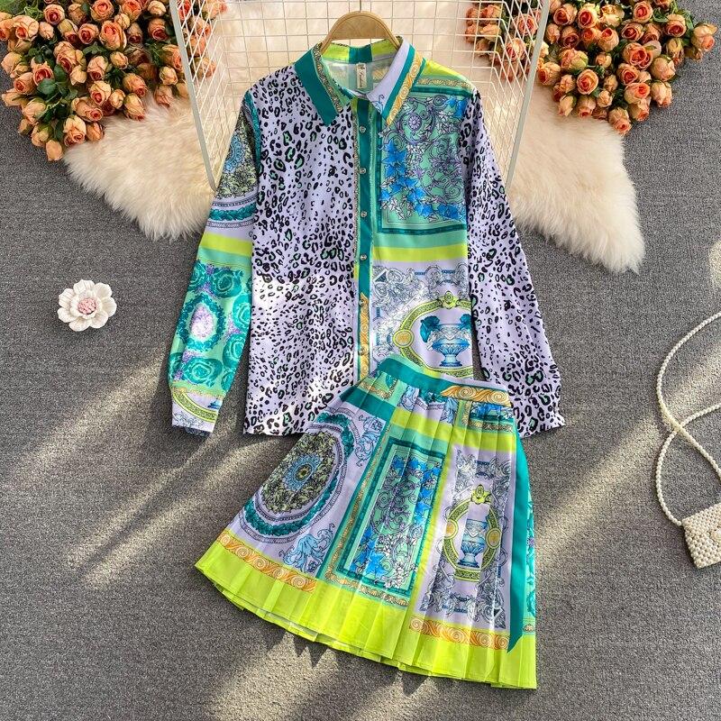 

Новый весенний бренд дизайнер подиум контрастный цвет зеленый 2PCS набор женщин с длинным рукавом нагрудный принт рубашка top + высокая талия плиссированная мини-юбка две части костюм