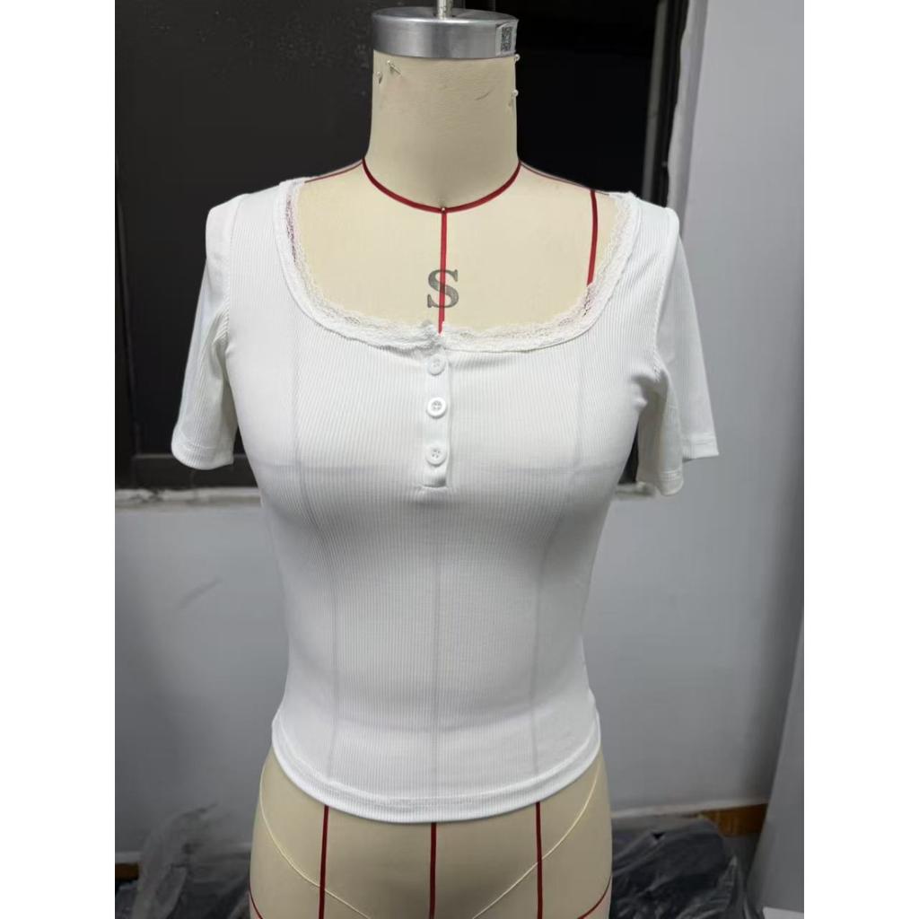 Women's V Neck Long Sleeve Ribbed Top Slim Fit Elegant Solid Crop Top With Lace Button Trim