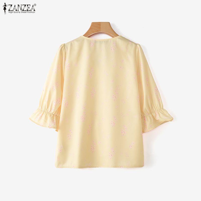ZANZEA Women Elegant Floral Print Summer Casual V-Neck 3/4 Sleeve Blouse