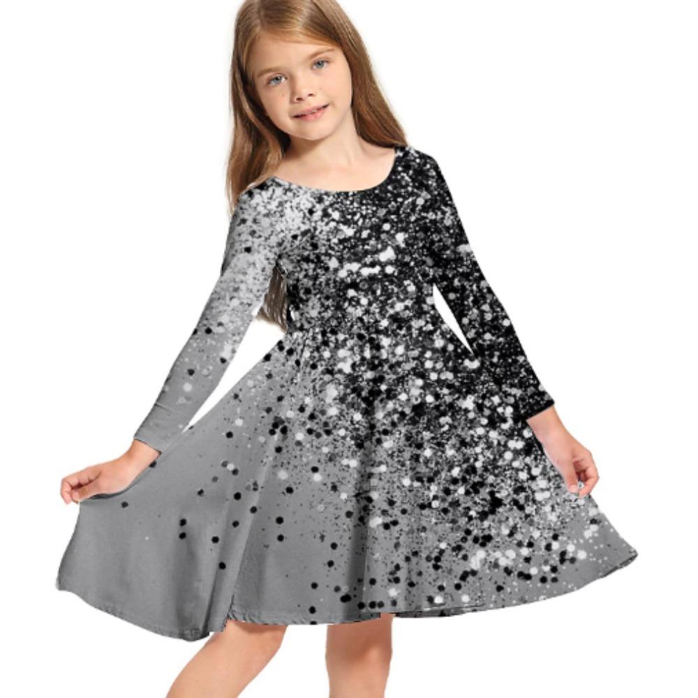 Girl Casual 3D Ombre Sequin Dress Print Round Neck Long Sleeve Dress Kid Princess Dress