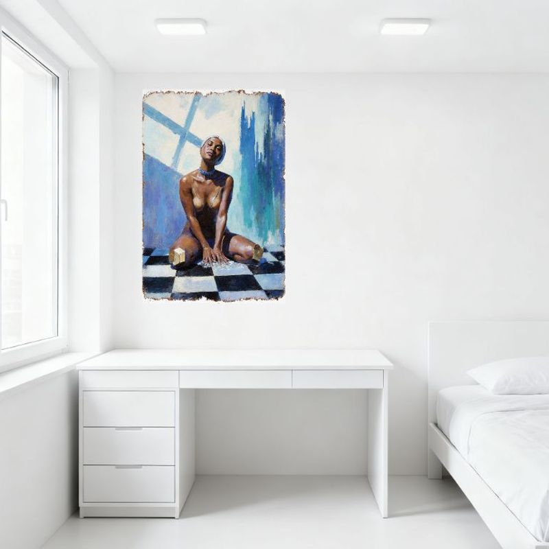 Sexy Impressionistic Nude Black Woman On Checkered Floor Tin Sign, Blue Choker & Beads, Light Blue Wall with Cross Window, Vinta