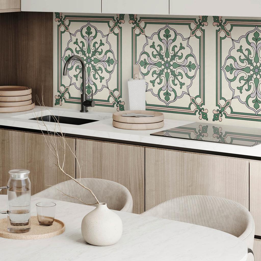 Self-adhesive vinyl panel with a pattern for the living room 120x60 cm. Floral pattern with ornaments.