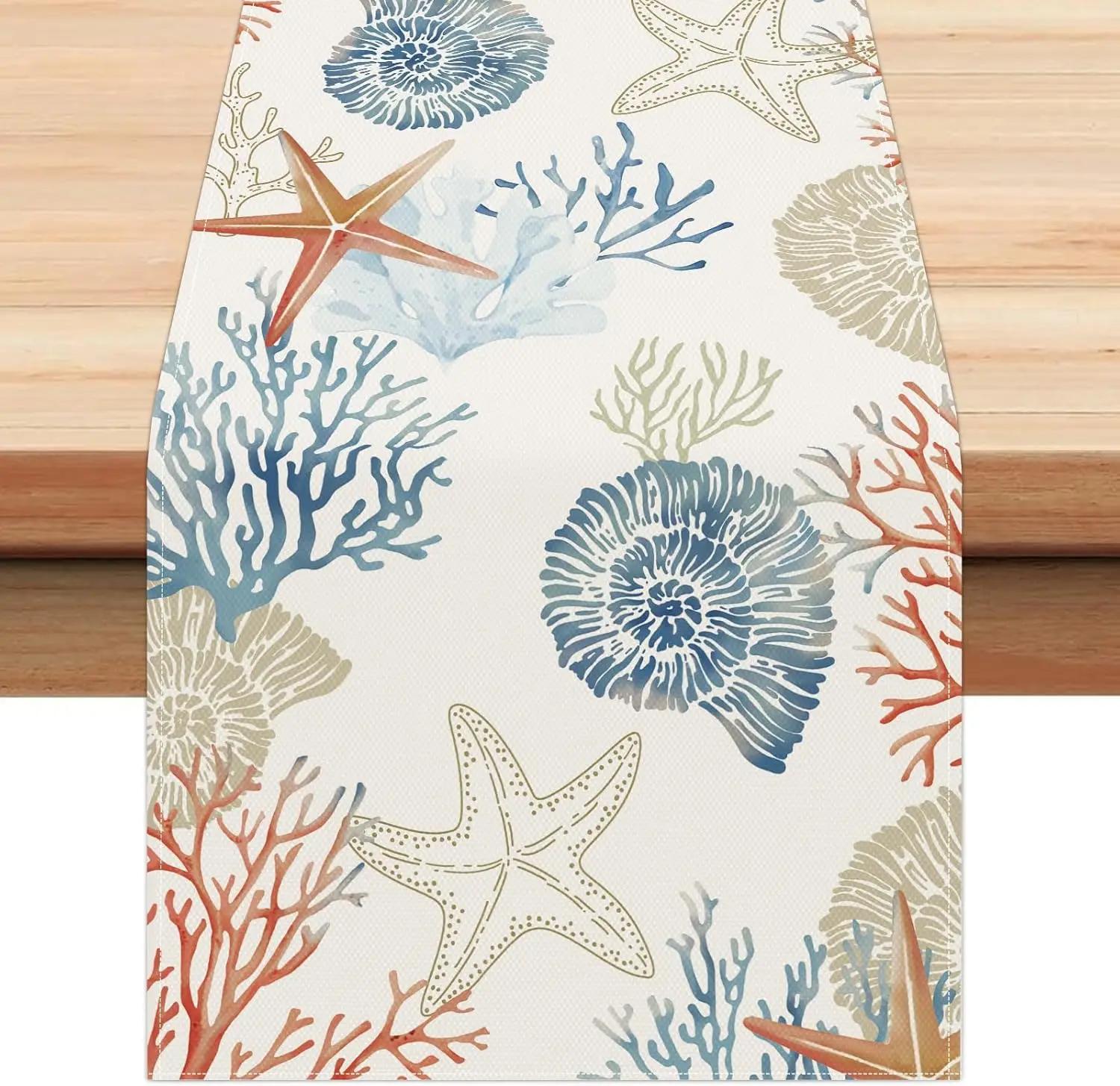 Oceaan Thema Zeester Koraal Strand Linnen Tafel Runner Vakantiefeest Decoratie Nautisch Kust Tafel Runners Eettafel Decoratie 150x33cm gray