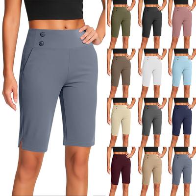 Calças Cropped Femininas, Calças de Treino Yoga Elásticas até o Joelho, Cintura Elástica Casual com Bolsos, Calças de Corrida