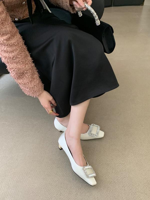 Spring new light mouth single shoes black boat shoes square buckle rhinestone thick heel square head ladyshoes low heel high heels