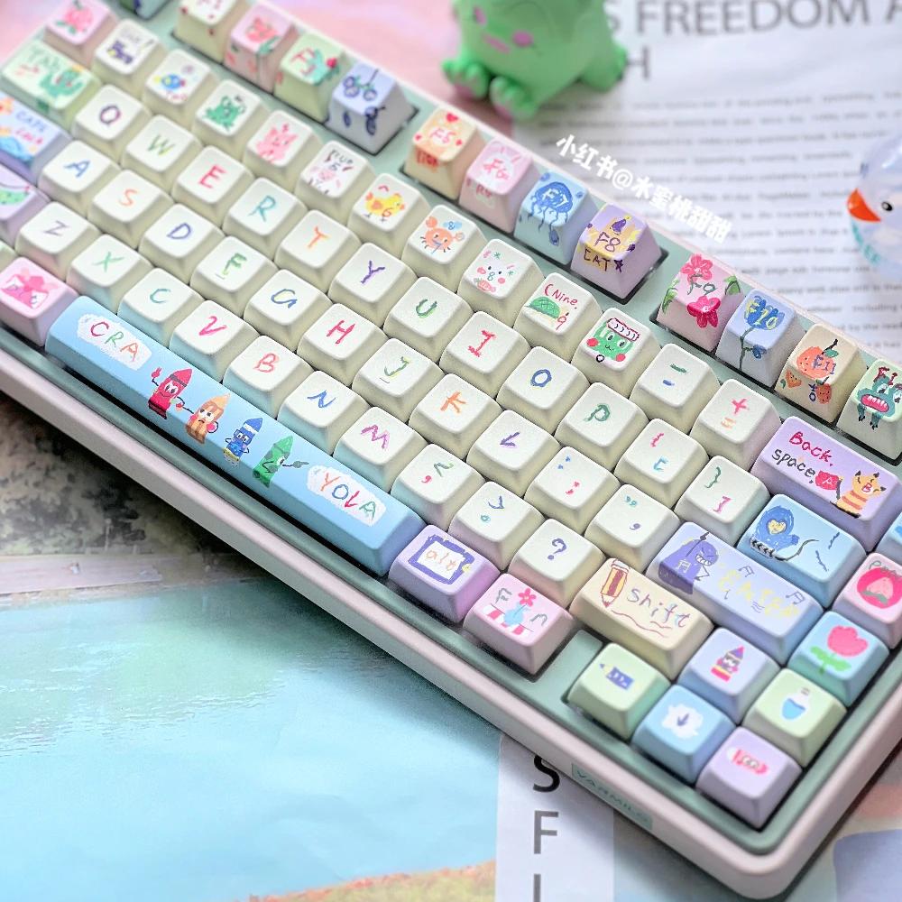 Childlike Keycaps Mda Pbt143 Key Hand-Painted Customized Diy Hi75 Cartoon Diy Pink White Keycaps