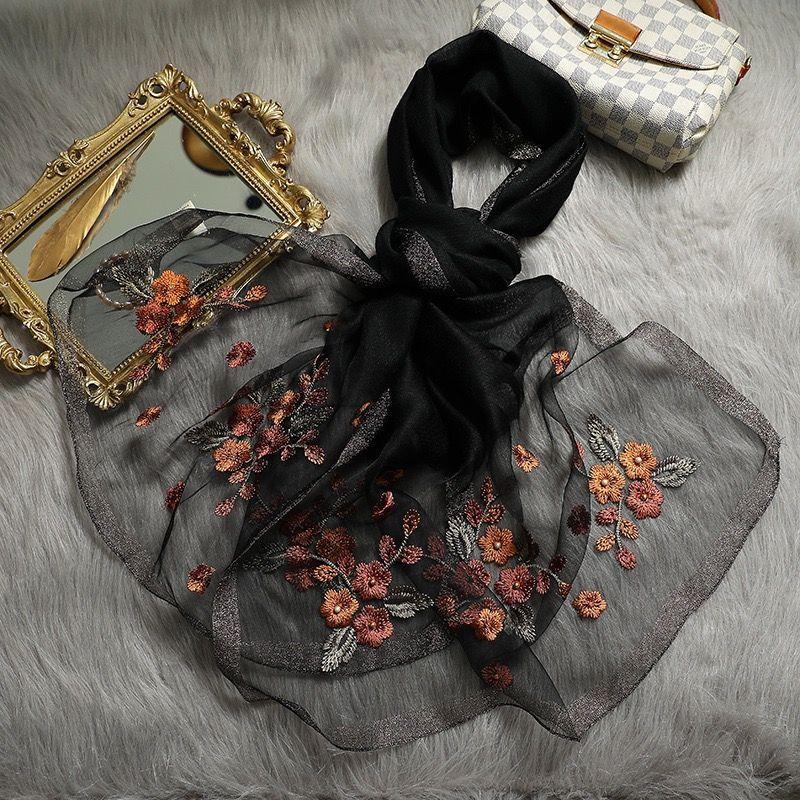 

Шелковый шарф с вышивкой в виде цветка бегонии, женский весенне-осенний вышитый платок-ципао, шелковый шарф для мам из шелка Mulberry на весну и осень-зиму чёрный