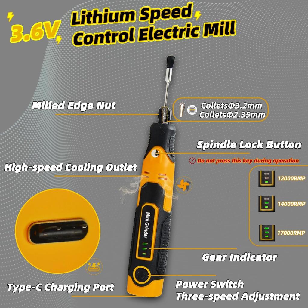 Resin Drill 3D Printed Resin Cured Sanding and Polishing Tool Kit, Mini Type-C Cordless Electric Rotary Sander with 57 Attachments for Drilling