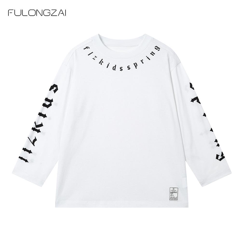 FULONGZAI 2025 Spring Korean Letter T-Shirt for Kids: Unisex, Medium to Large Sizes