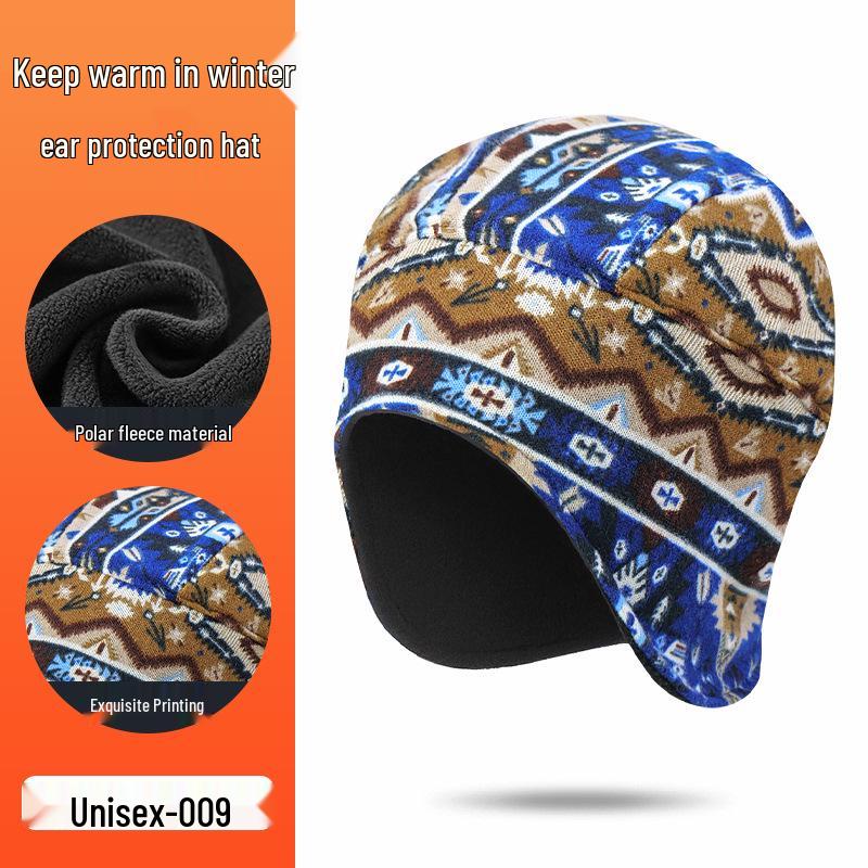 Windproof Fleece Lei Feng Hat: Warm, Faux Cashmere Printed Design with Ear Protection for Cycling