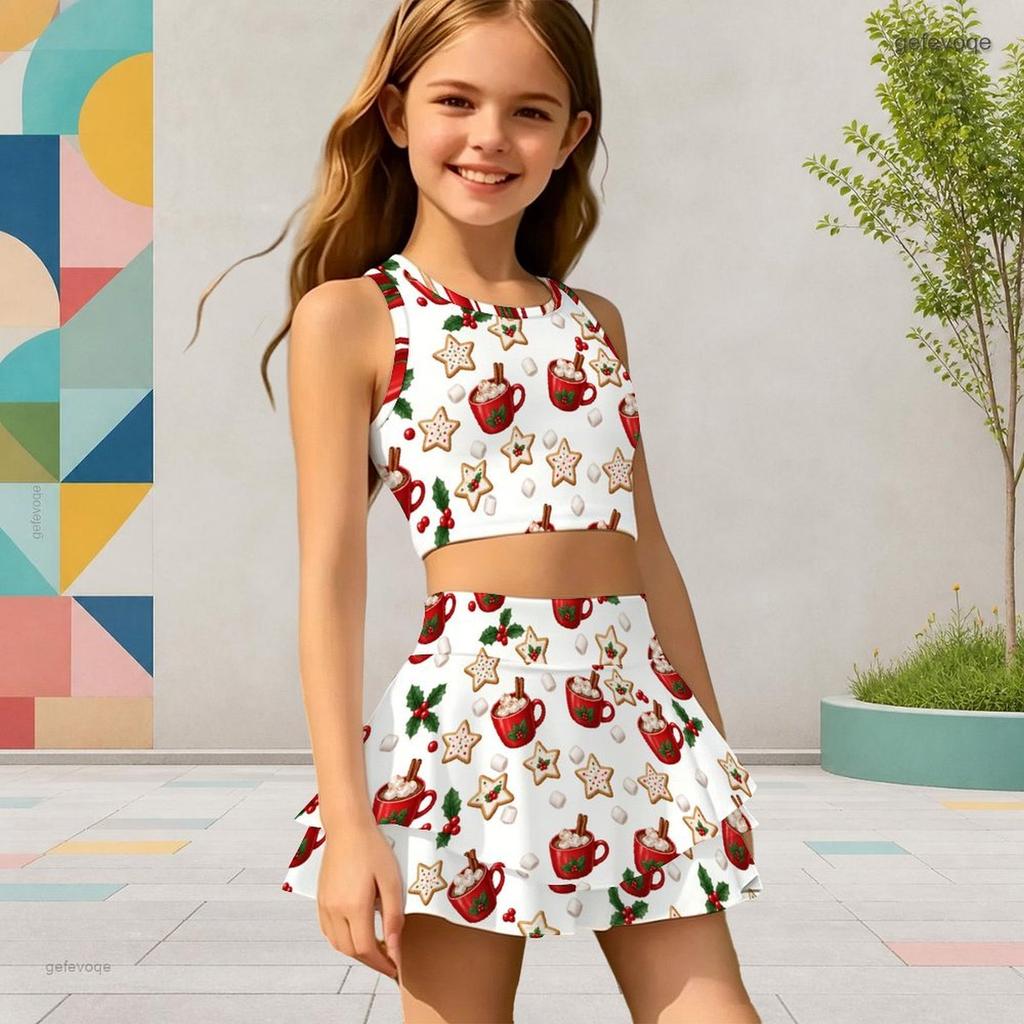 Mädchen Weiß Bedrucktes Ärmelloses Racerback Crop Top Mehrlagiger Rock Zweiteiliges Set