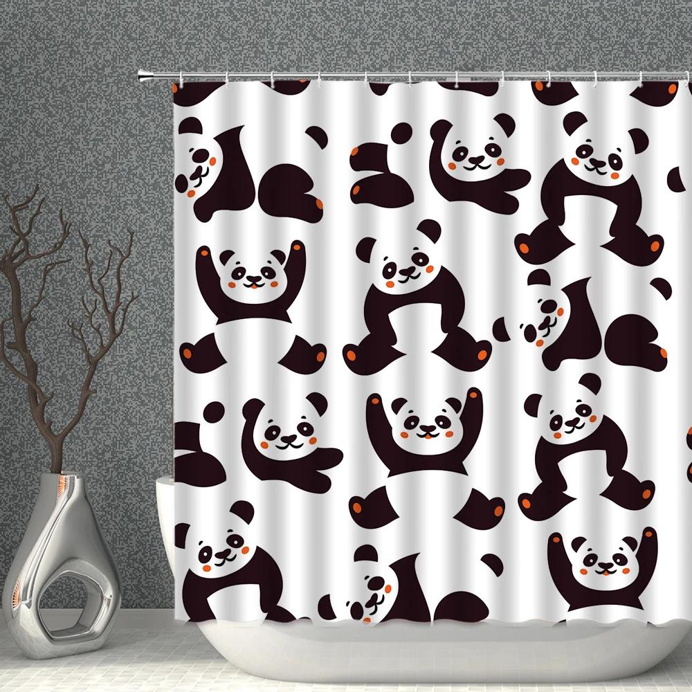 Panda Shower Curtain Set Waterproof Cartoon Lovely Animal White Print Polyester Cloth Bathcurtains Bathroom Screen Bathtub Decor