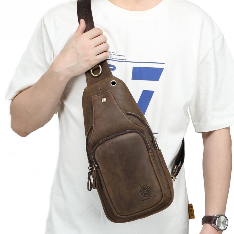Men's Real Leather Chest Bag Brand Designer Crossbody Sling Backpack Waterproof for Hiking Mountaineering Travel