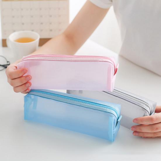 Solid Color Zipper Transparent Mesh Pencil Case Pen Storage Bag Student Gift