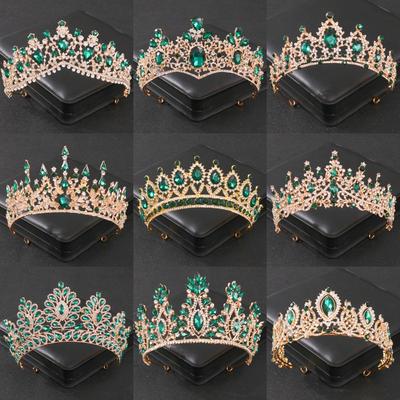 Barocke grüne Kristall-Diademe und Kronen Strass Prom Braut Hochzeit Haarschmuck Schmuck Krone Tiara für Frauen Braut Geschenk