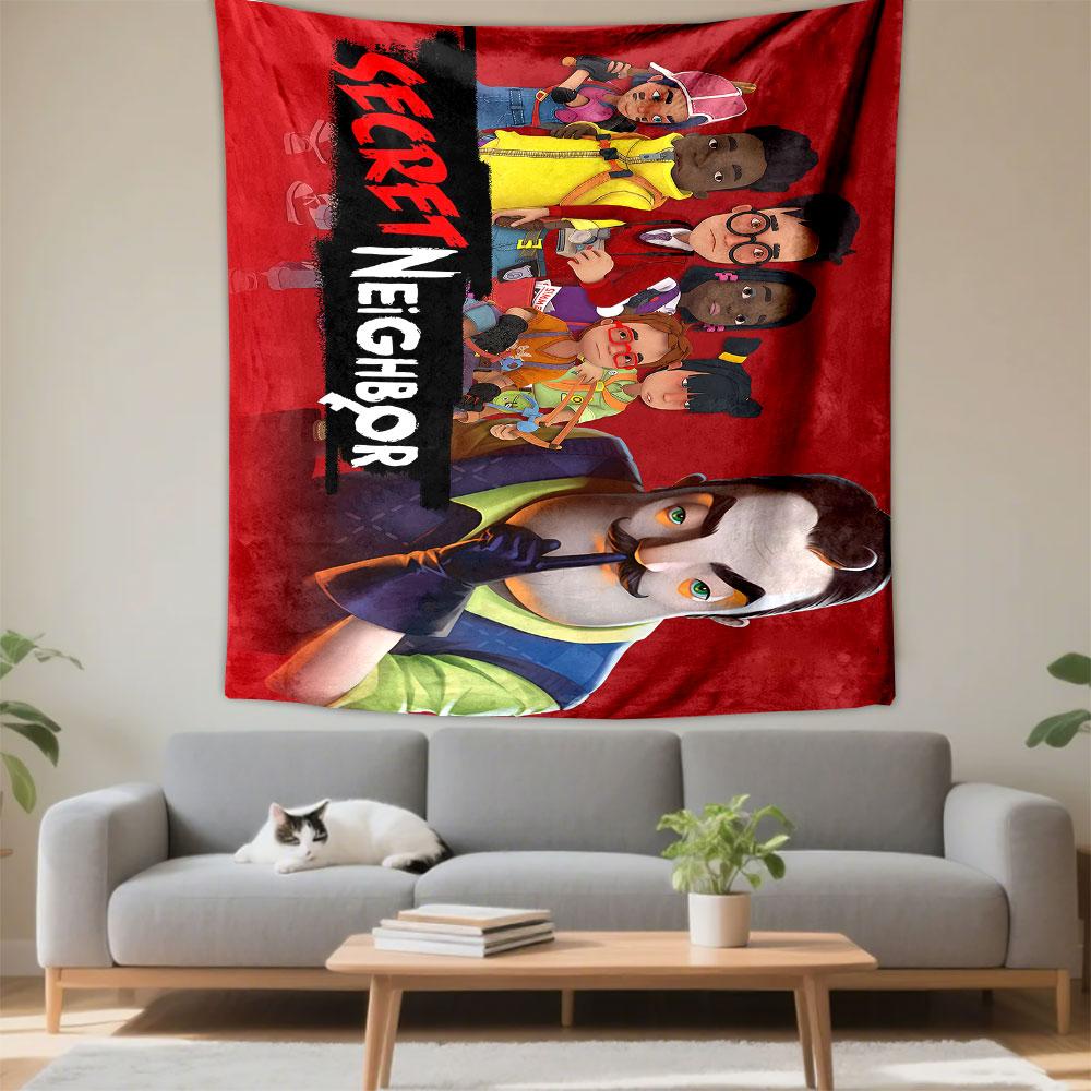 Secret Neighbor Hello Neighbor Game Characters Group Wall Tapestry Red Video Game Decor for Bedroom Game Room Gift