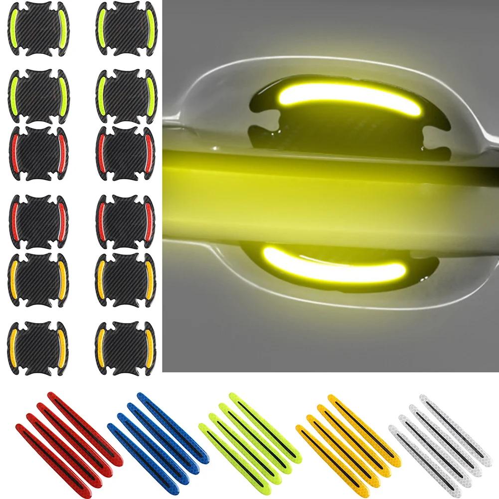 4 pezzi adesivi riflettenti 3D per auto in fibra di carbonio, strisce di avvertimento protettive per maniglie delle portiere, accessori esterni per auto