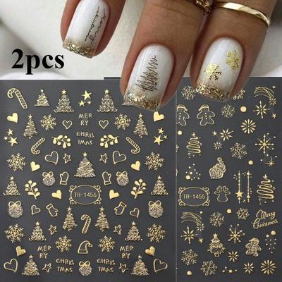 2 Pieces of Christmas and New Year Nail Stickers with Golden Snowflakes, Christmas Tree, Reindeer Heart, DIY Holiday Nail Art