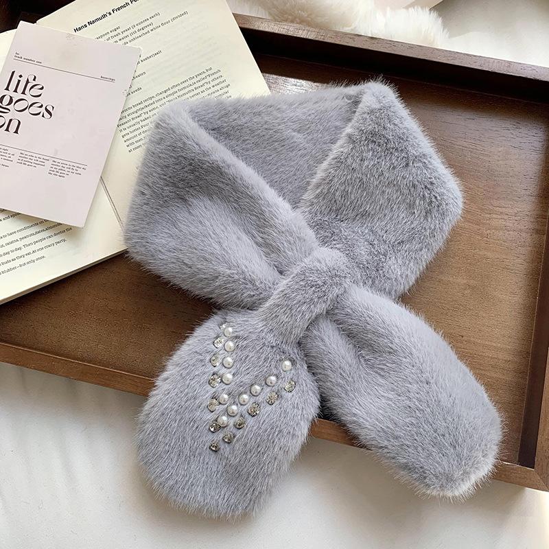 Autumn and winter scarf women's autumn and winter plush pearl diamond versatile imitation Rex rabbit hair sweet and cute scarf