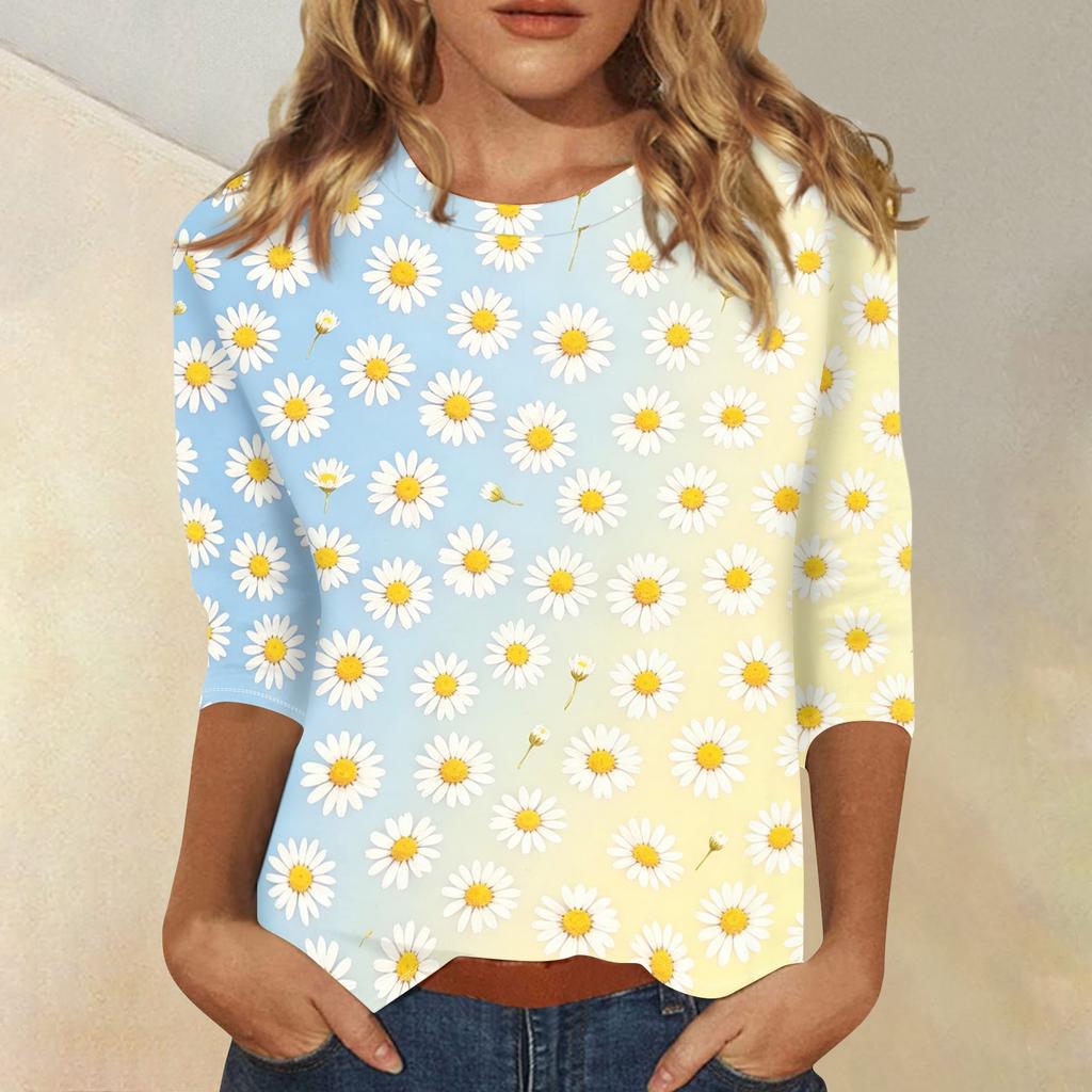 Women's Casual Floral Print Round Neck Three Quarter Sleeve Top Lightweight Comfortable Fit Suitable for Everyday Wear