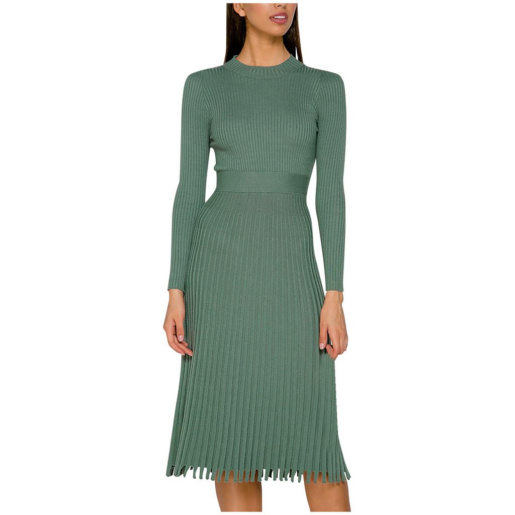 Fashion Women Solid Knitted Dress Long Sleeves Bottoming Pleated Dress