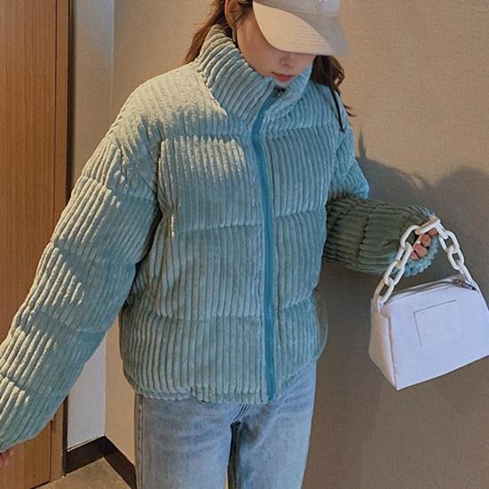 Women's Winter Jacket Corduroy Puffer Short Down Jacket Warm Quilted Cotton Coat Stand Collar Outerwear for Daily Life Work School