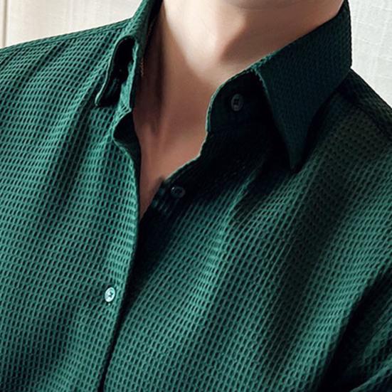 Men Spring Fall Shirt Frence Style Turn-down Collar Slim Fit Waffle Texture Single-breasted Long Sleeves Pure Color Mid Length Young Formal Top