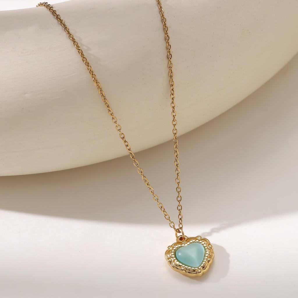 18K Gold Cat's Eye Heart Necklace - Women's Stainless Steel Heart Pendant Clavicle Chain