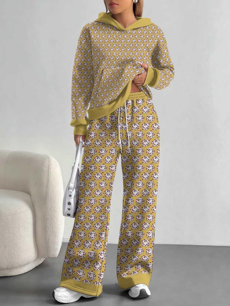 Striped European and American Autumn Casual Geometric Figure Long-sleeved Suit Women's Hooded Sweater Trousers Two-piece Set