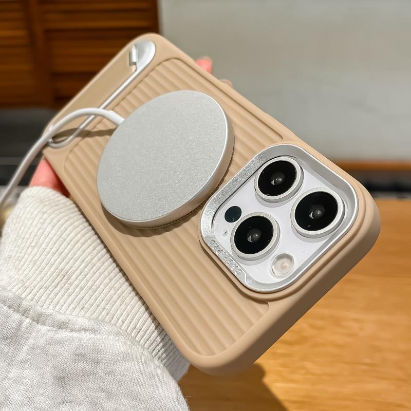 Luxury Stripe With Folding Bracket Plain Phone Case For iPhone 16 15 14 13 12 11 Pro Max Magnetic For Magsafe Wireless Charging