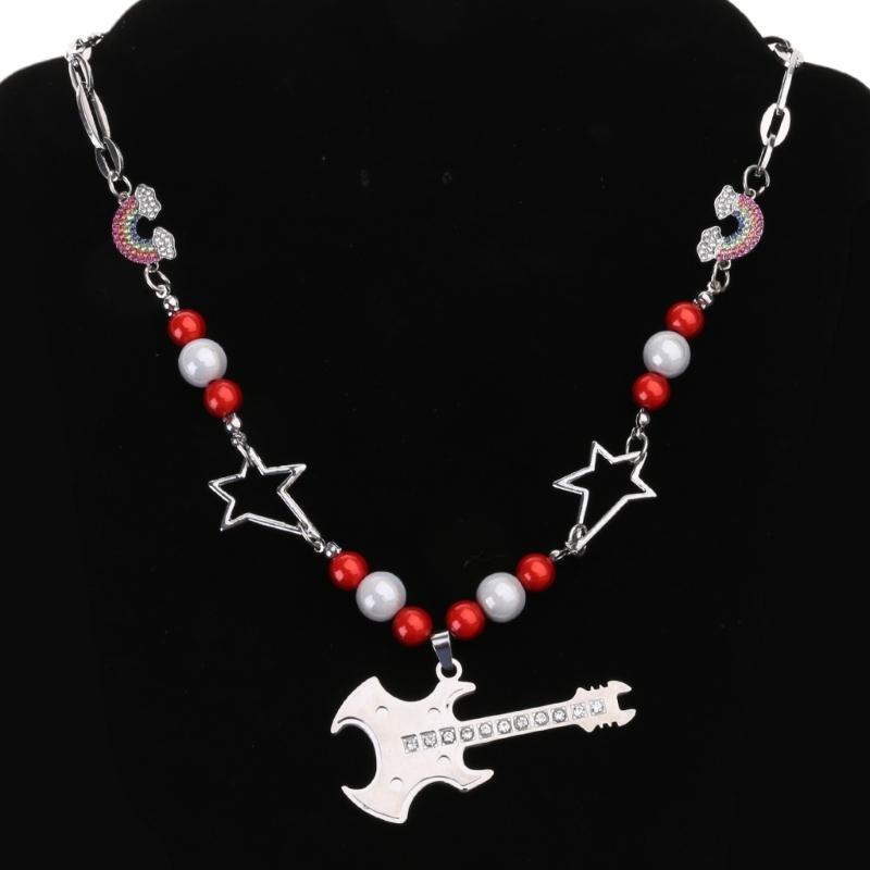 Cool Punk Guitar Pendant Necklace Hollow Star Rainbow Rhinestone Choker Collarbone Necklace Hip Hop Jewelry Y2K Choker