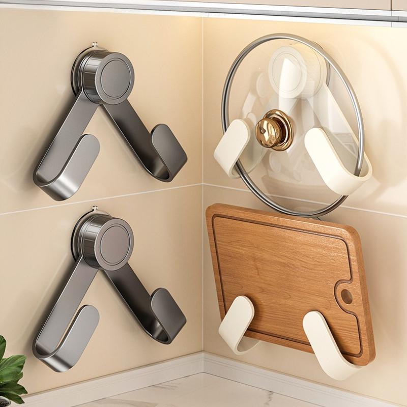 Rotating Suction Cup Kitchen Organizer - Drill-Free Wall-Mounted Pot Lid Rack with Hooks, Multi-Functional Holder for Cutting