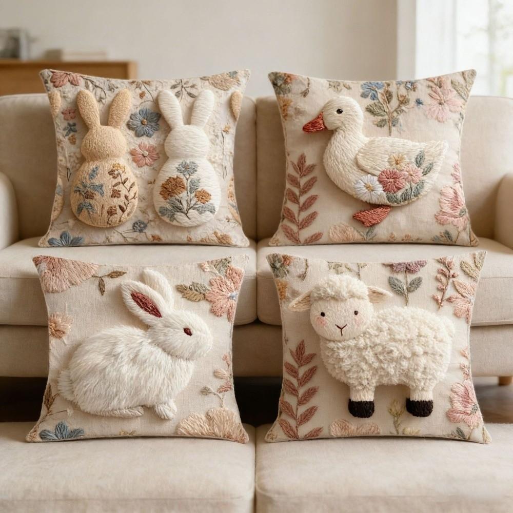 Cartoon Easter Pillow Cover 2D Flat Animal Print Bunny Cushion Cover Wear-resistant Comfortable Pillow Towel Living Room