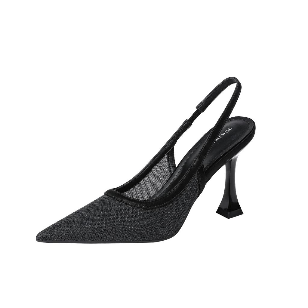 7199-15 Xiaoxiangfeng sexy mesh splicing pointed high-heeled single shoes spring temperament empty banquet stiletto shoes