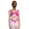 Girls Sparkly Rhinestones Leotard Gymnastics Costume Color Block Sheer Mesh Patchwork Sleeveless Bodysuit
