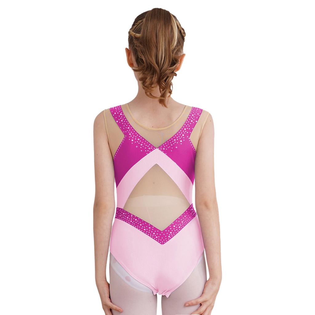 Girls Sparkly Rhinestones Leotard Gymnastics Costume Color Block Sheer Mesh Patchwork Sleeveless Bodysuit