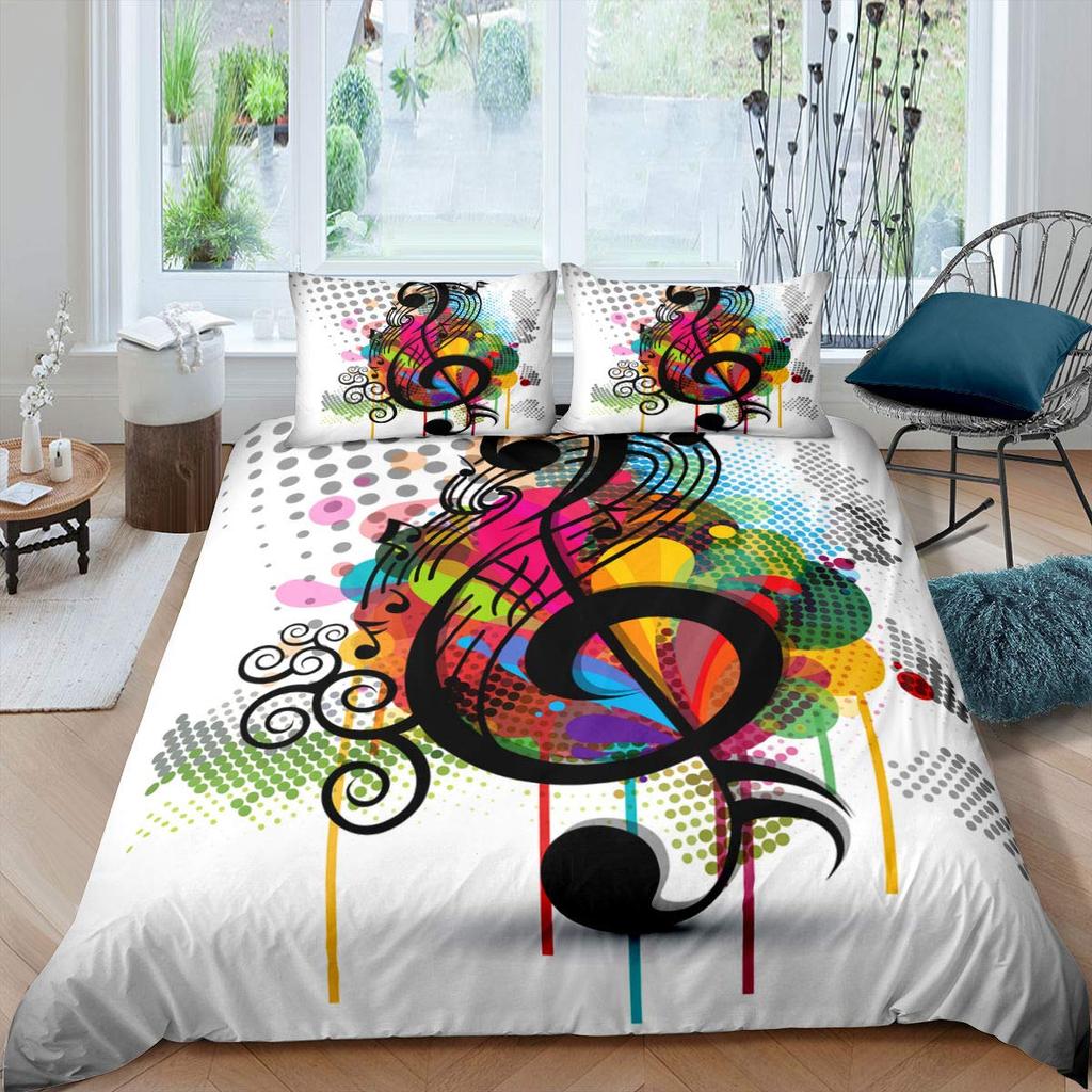 Music Soft Duvet Cover Set Quen Sized Dimensions,White Musical Note Beding Set 3pcs for Kid Bedrom Decor,Black White Piano Key Warm Comforter Cover