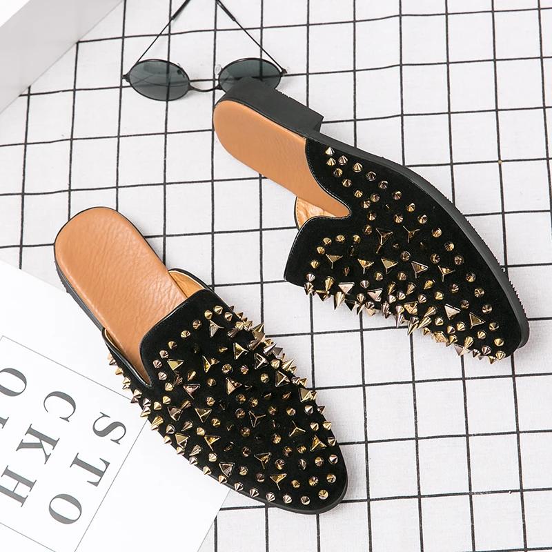 Rivet Pointed Toe Slippers Men's Summer Heelless Sandals Men's Leather Shoes Sandals Outerwear Slippers Male Casual Shoes