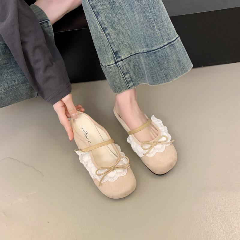 Retro Spitzen Mary Jane Schuhe Damen Frühling und Sommer neu Temperament flacher Ausschnitt halber Slipper mit Rock Tide