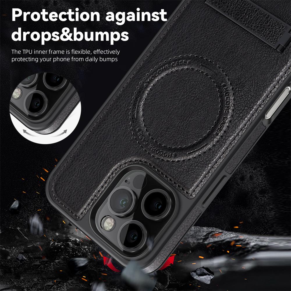 Fashion Leather for Magsafe Phone Case for iPhone 16 Pro Max 15 14 13 12 11 With Stand Bracket Strong Magnetic Shockproof Cover