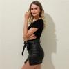 Women's Fashion High Waist Bandage Bowknot Zipper Skirt Casual Sexy Slim Leather Skirt