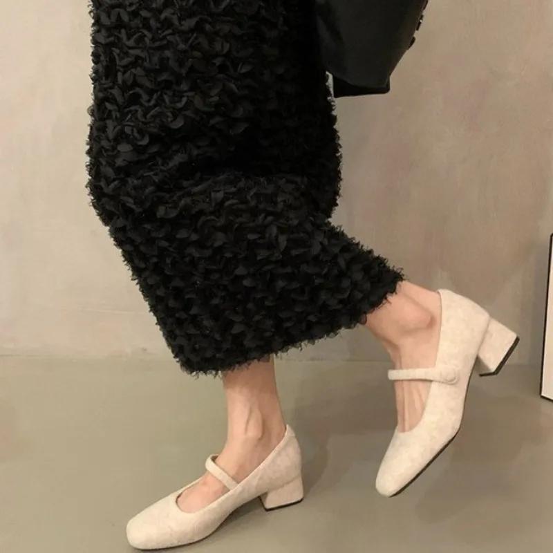 Fashion Women's Fashion Low Heel Shoes Spring New Square Head Shallow Mouth Suede Diamond Buckle Non-slip Low Top Shoes