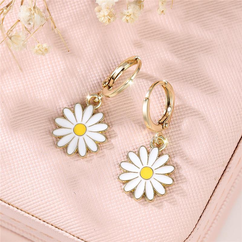 Dainty Gold Color Daisy Sunflower Hoop Earrings for Women Simple Dangling with… More