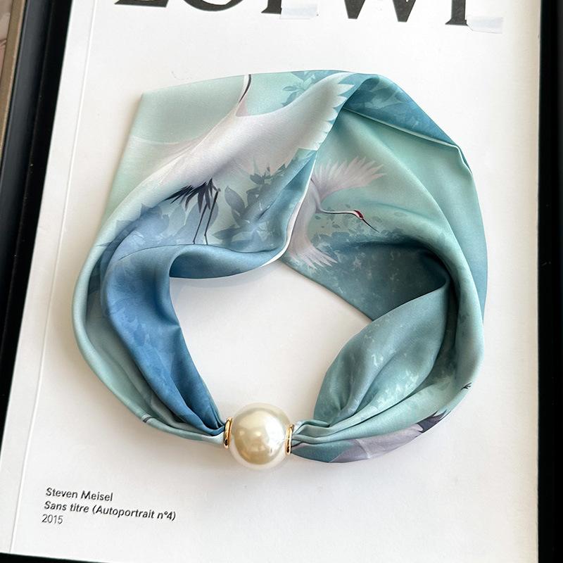 Simple magnetic buckle pearl long silk scarf women's spring and autumn scarf summer printing decorative scarf versatile thin neck protector