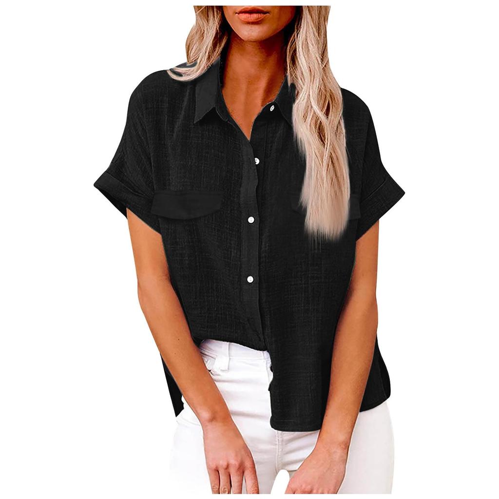 Women's Fashionable Loose-Fit Casual Shirt Button-Up Short-Sleeve Cotton-Linen Blend Top