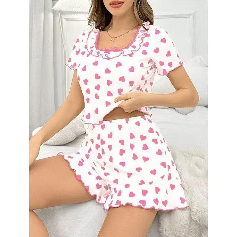 European Summer Heart Print Ruffled Pajama Set: Sweet Short Sleeve Women's Home Wear
