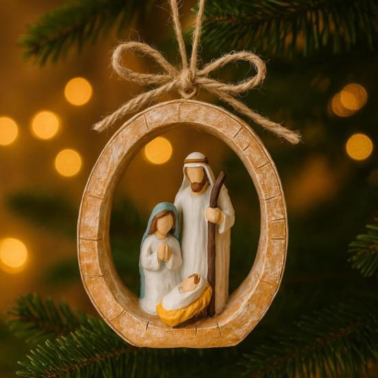Oval Nativity Hanging Ornament Home Office Christmas Tree Hand-Painted Birth of Jesus Scene Holy Family Holiday Religious Decoration Pendant